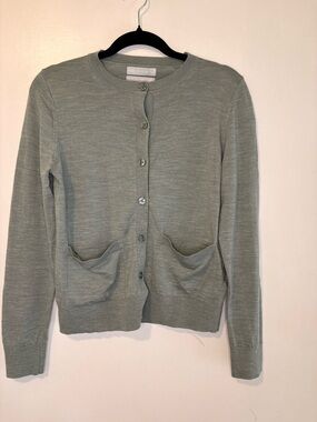M&S Extra Fine Merino Wool Cardigan Sage Green Button Front Size 8